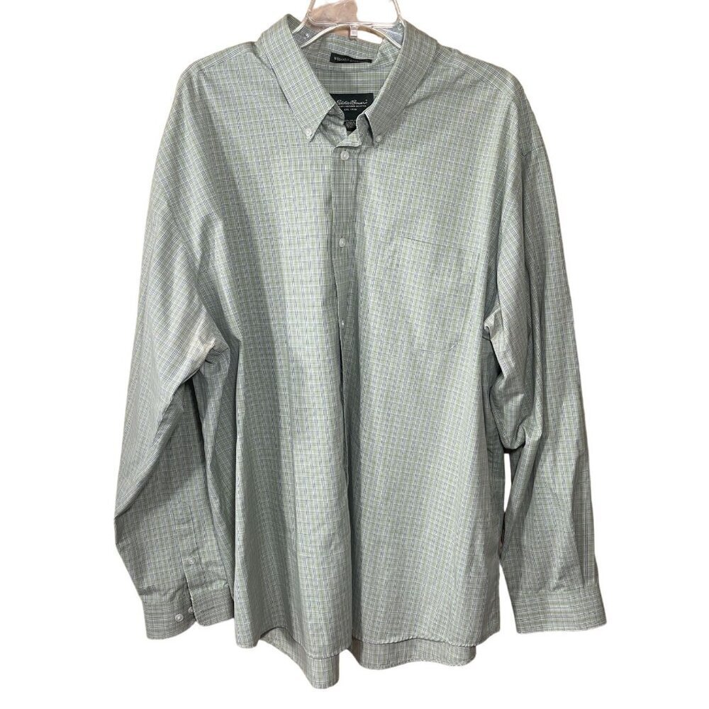Eddie Bauer Button Front Shirt Green Plaid Men's Wrinkle Resistant Cotton Size X